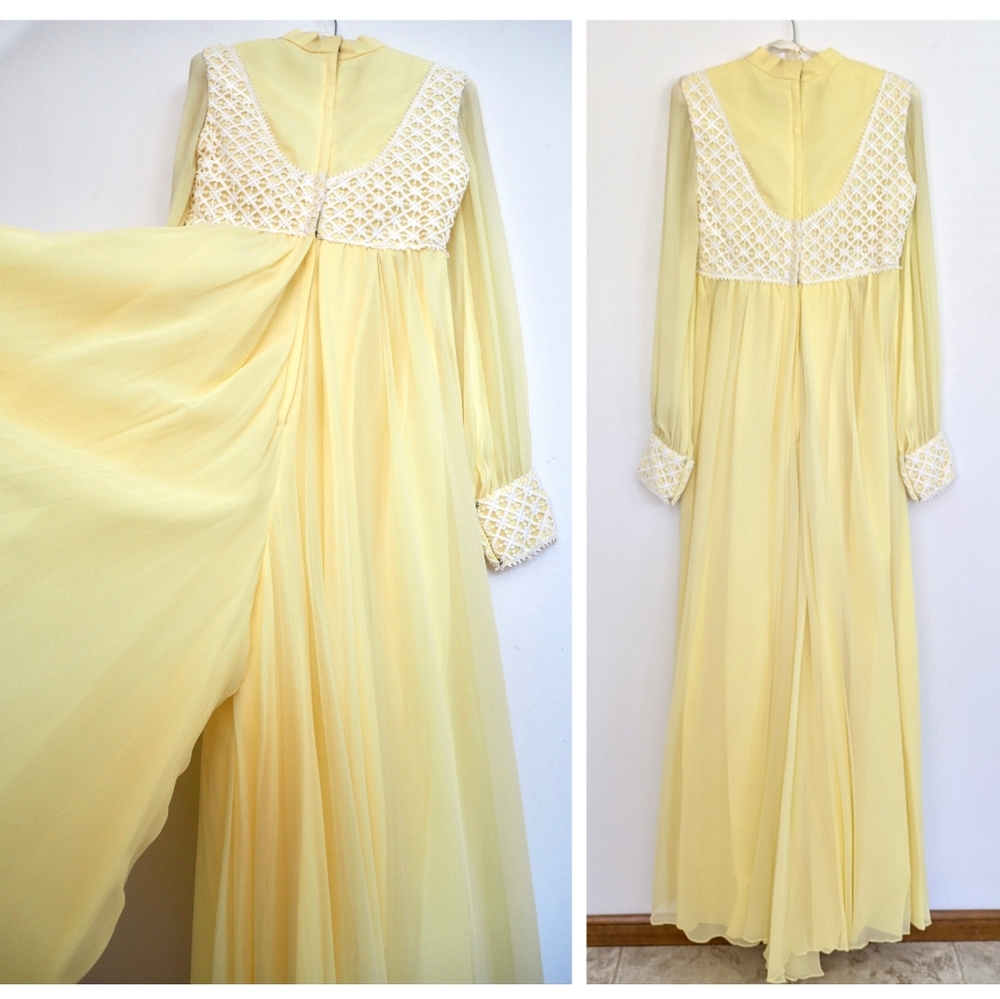 60s Vintage ILGWU Chiffon Jumpsuit Ultra Wide Leg Yellow Empire Corset Bodice - Picture 4 of 17